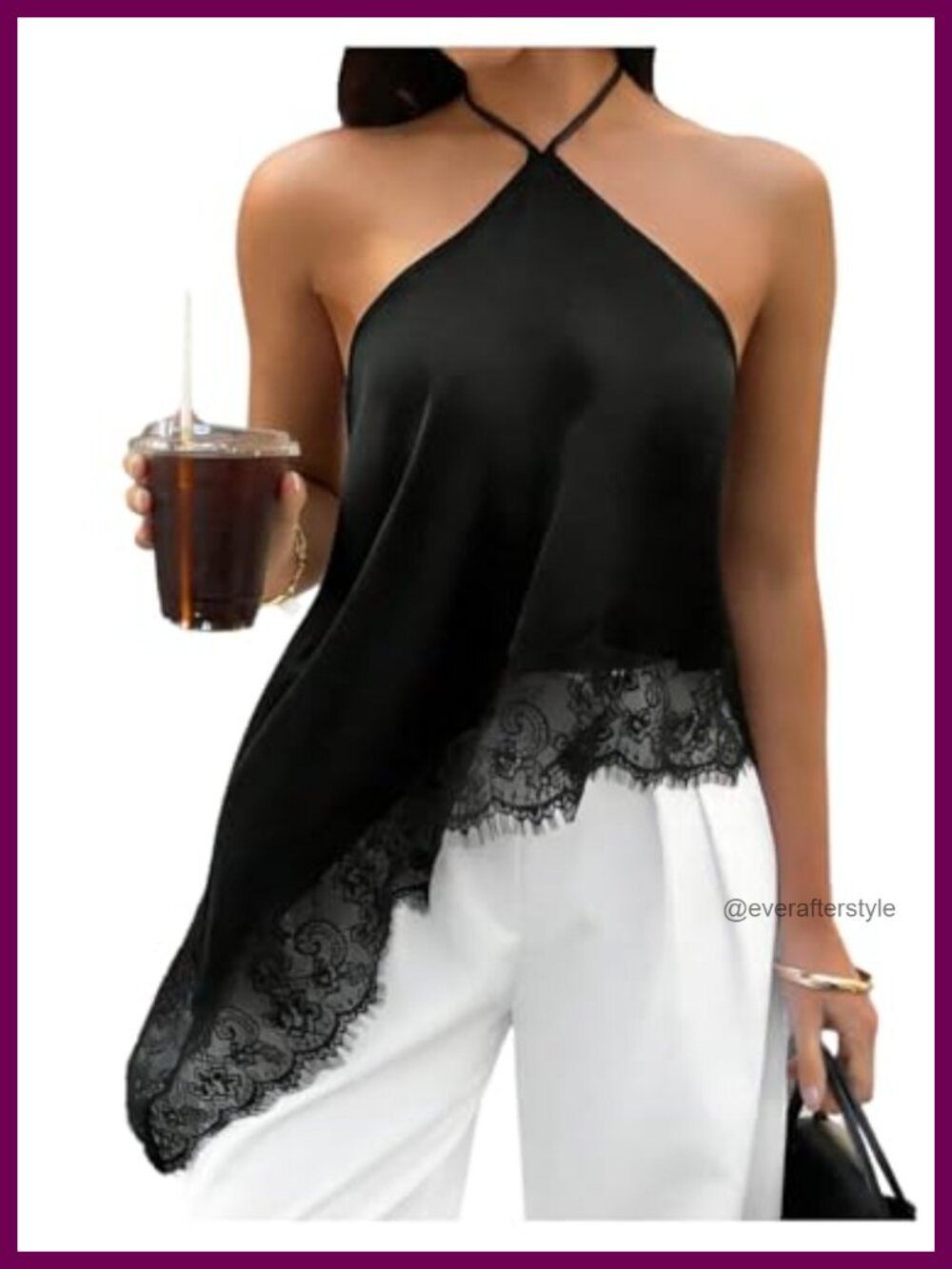Satin Halter Top Lace Trim Asymmetrical Y2k Going Out Top